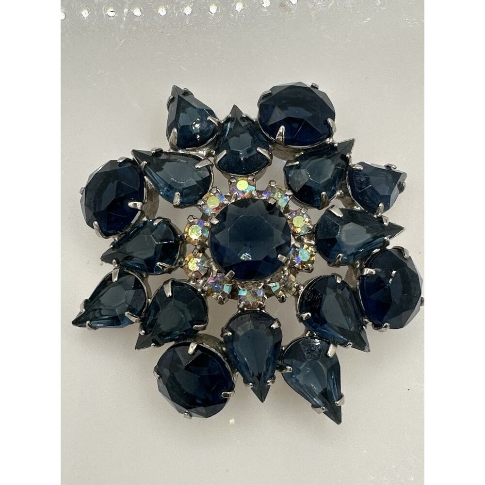 Vintage Rhinestone High End Silver Navy Tone Gem unsigned Schreiner?